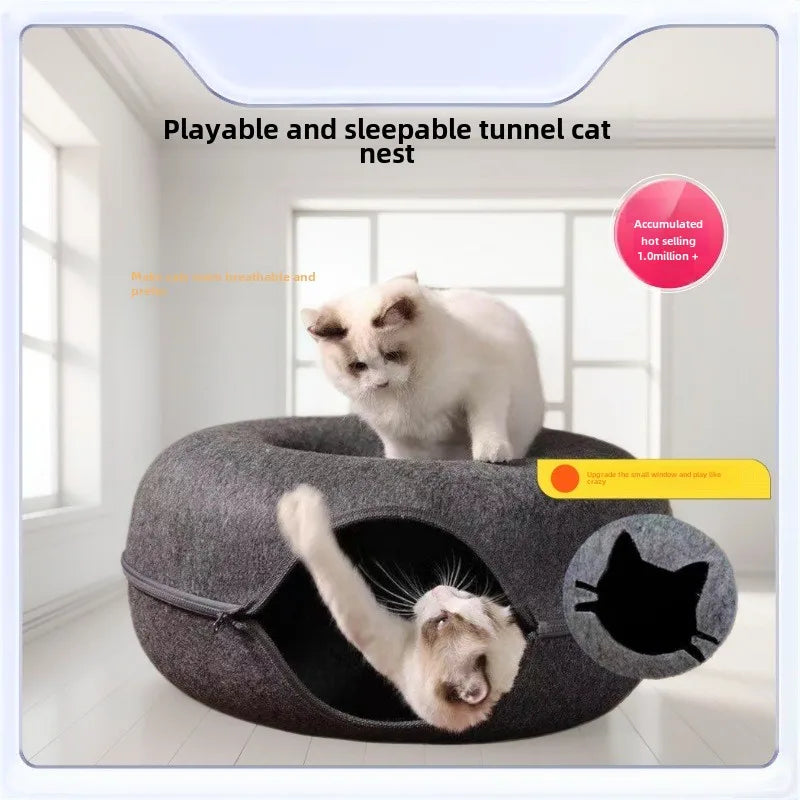 Peekaboo Cat Cave Comfy Donut Donut Cat Nest Scratch Detachable & Washable Tunnel Bed