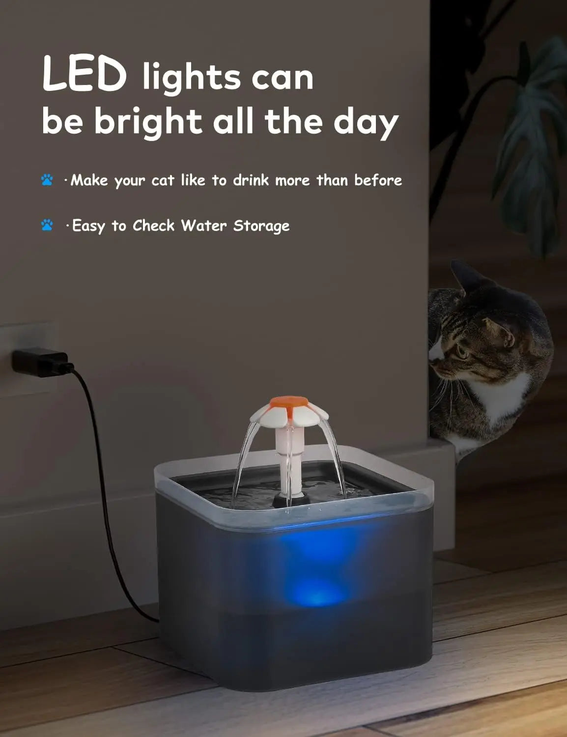 2L Plastic Pet Cat Water Fountain Bowl with LED Light and Activated Carbon Filter Automatic Pet Water Dispenser Cats & Dog Usage