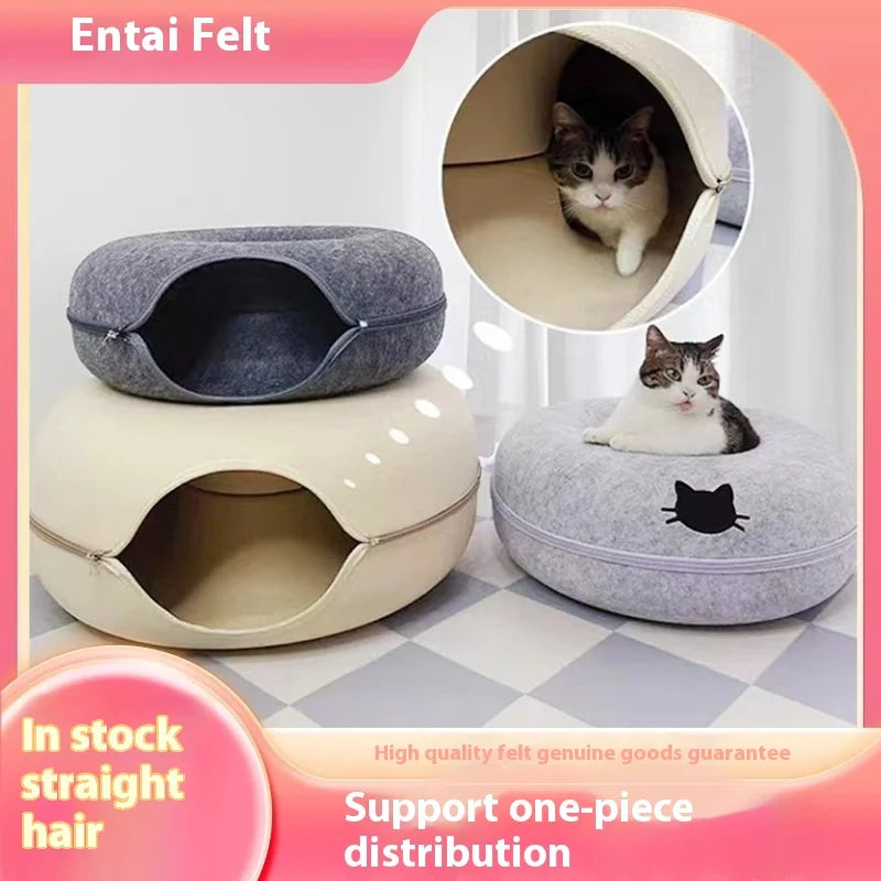 Peekaboo Cat Cave Comfy Donut Donut Cat Nest Scratch Detachable & Washable Tunnel Bed