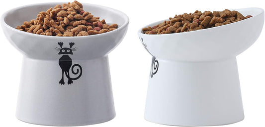 Tilted Raised Cat Food and Water Bowl Set,Elevated Slanted Cat Feeder Bowls,Ceramic Pet Bowls,Protect Pet'S Spine,Backflow Prevention,2 Pack(White&Grey)