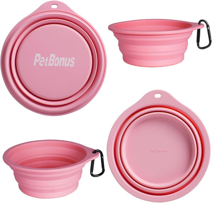 2-Pack Silicone Collapsible Dog Bowls, BPA Free Dishwasher Safe, Portable Foldable Expandable Travel Bowl, Food Water Feeding Cup Dish for Dogs Cats with 2 Carabiners (Purple, Pink)